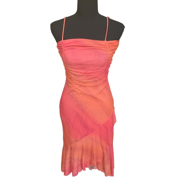 EUC Vintage Taboo women's hot orange pink sparkling fishtail midi dress S - Picture 2 of 16